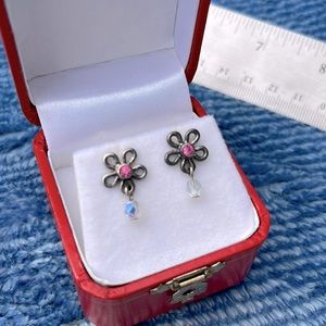 Vintage Y2K dangly pink crystal flower iridescent bead earrings